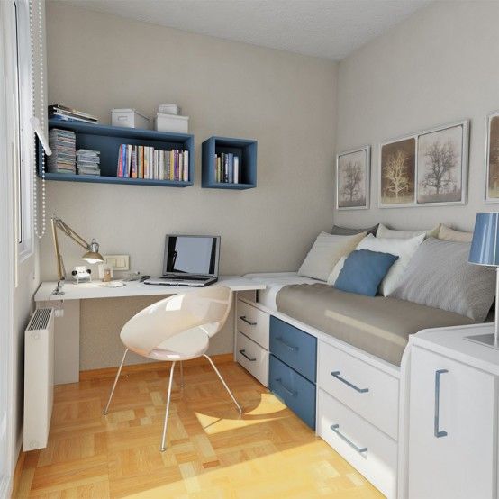 blue and grey bedroom with storage