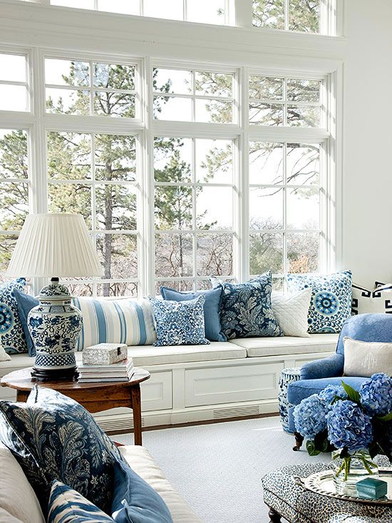 white and blue living room