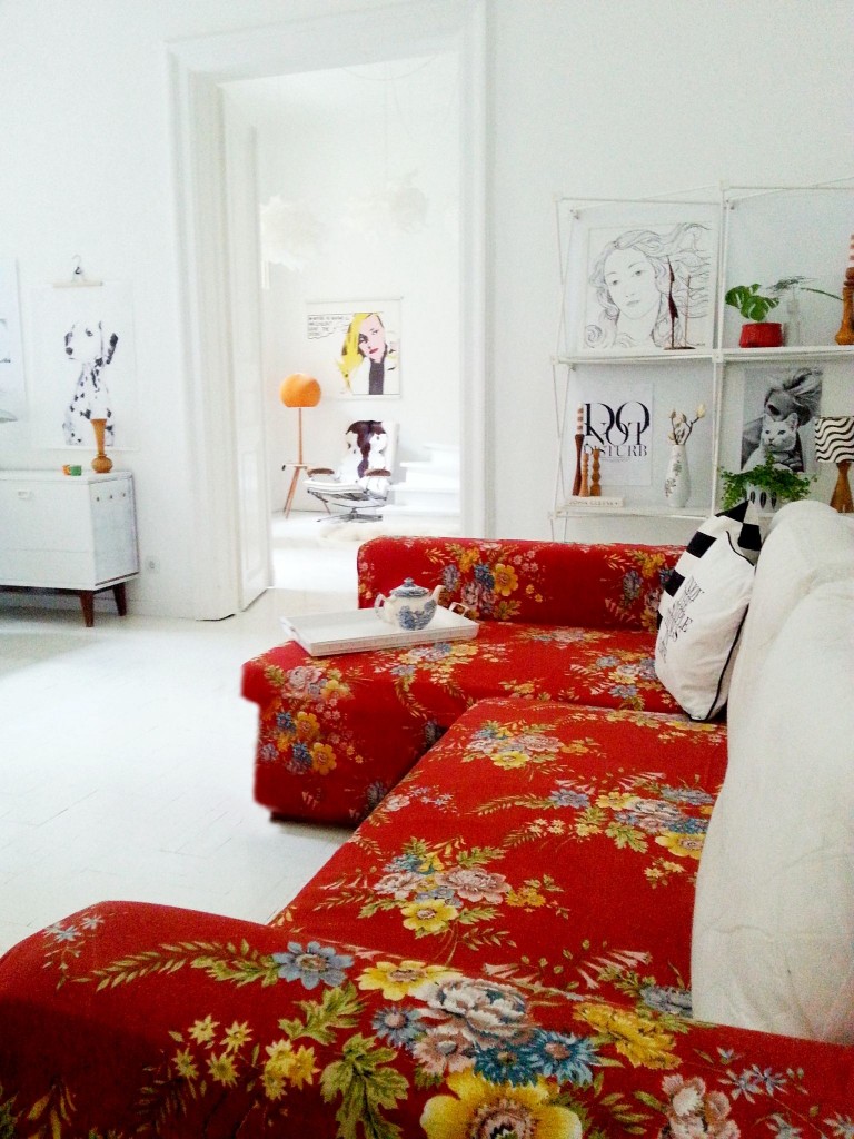 red floral sofa